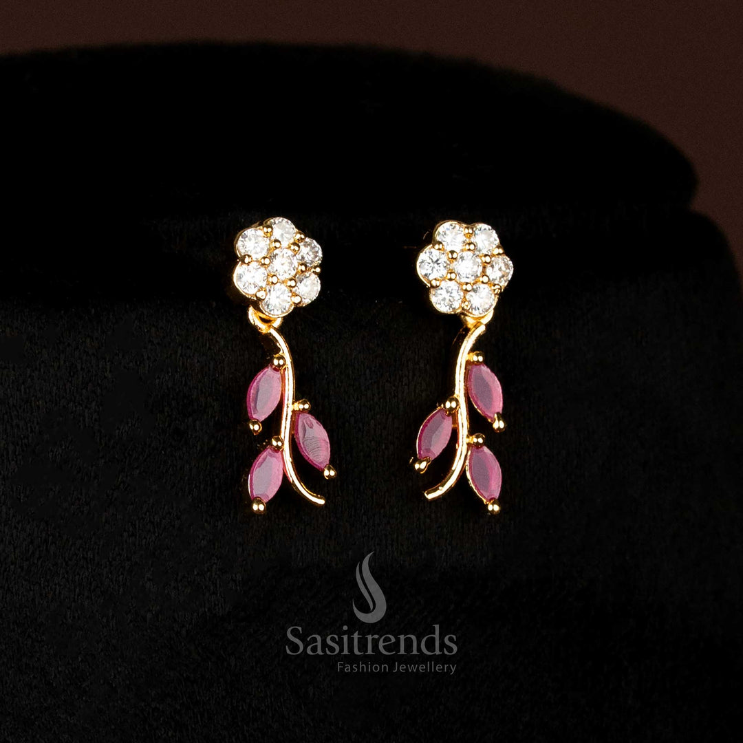 Charming White And Ruby Floral Leaf American Diamond Micro Gold Plated Earrings Set With Kemp Stone Looks Like Real Gold Jewellery - Sasitrends
