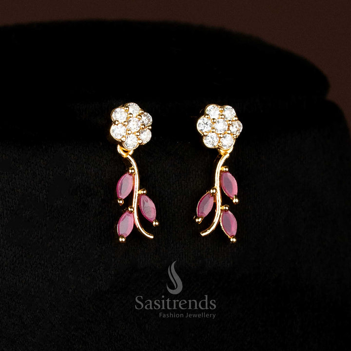 Charming White And Ruby Floral Leaf American Diamond Micro Gold Plated Earrings Set With Kemp Stone Looks Like Real Gold Jewellery - Sasitrends