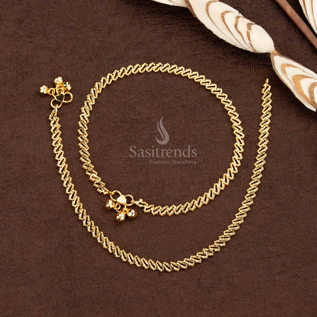 Elegant Traditional Micro Gold Anklet Duo With Zigzag Design And Bridal Temple Ornament Vibe Jewellery - Sasitrends