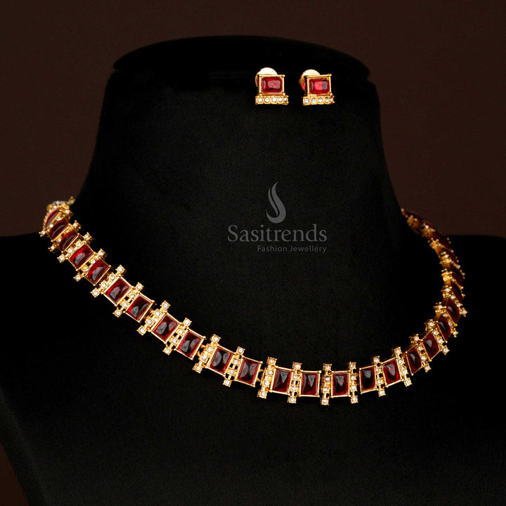 Regal ruby-coloured matte gold temple jewellery set featuring square-shaped stones and classic stud tops – exuding cultural finesse and perfect for bridal elegance – Sasitrends