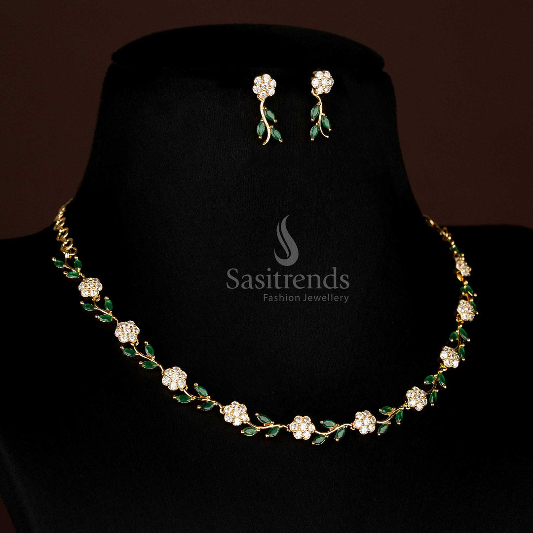 Elegant Floral Leaf American Diamond Micro Gold Plated Necklace Set In White And Green Stone Dual Tone With Polished Gold Look - Sasitrends