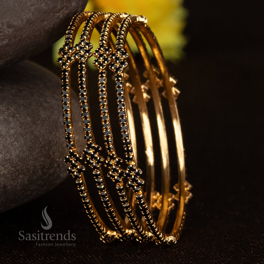Black stone floral mesh bangles set featuring American Diamonds in a micro gold plated finish, traditional four-piece jewellery perfect for festive wear – Sasitrends
