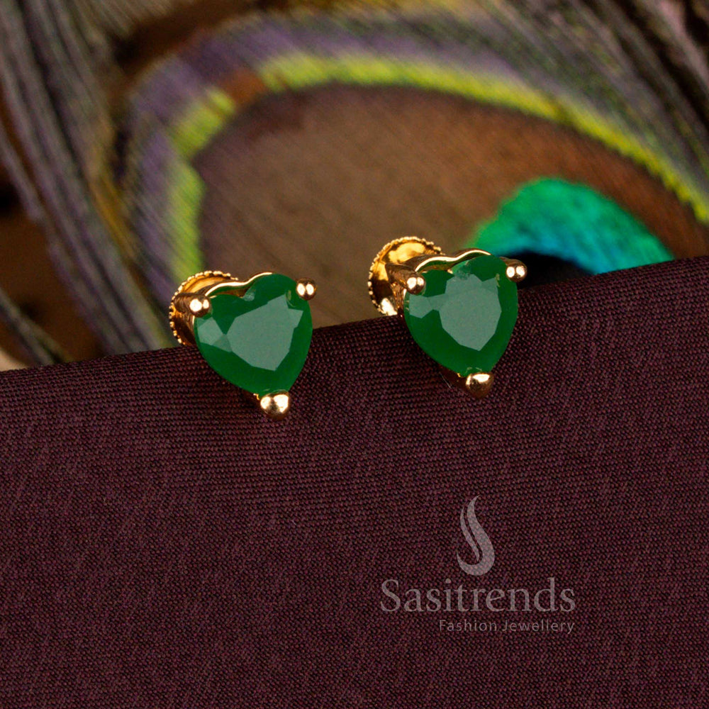 Designer Heart Green Stone Stud Earrings In Micro Gold Plated Screw Type Style With 24K Carat Pure Gold Finish – Sasitrends