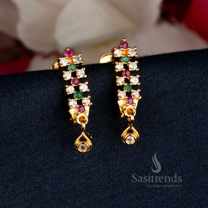 Vibrant Micro Gold Plated AD Stone Long Drop Earrings with multi-coloured gems, designed for temple visits and festive celebrations — Sasitrends