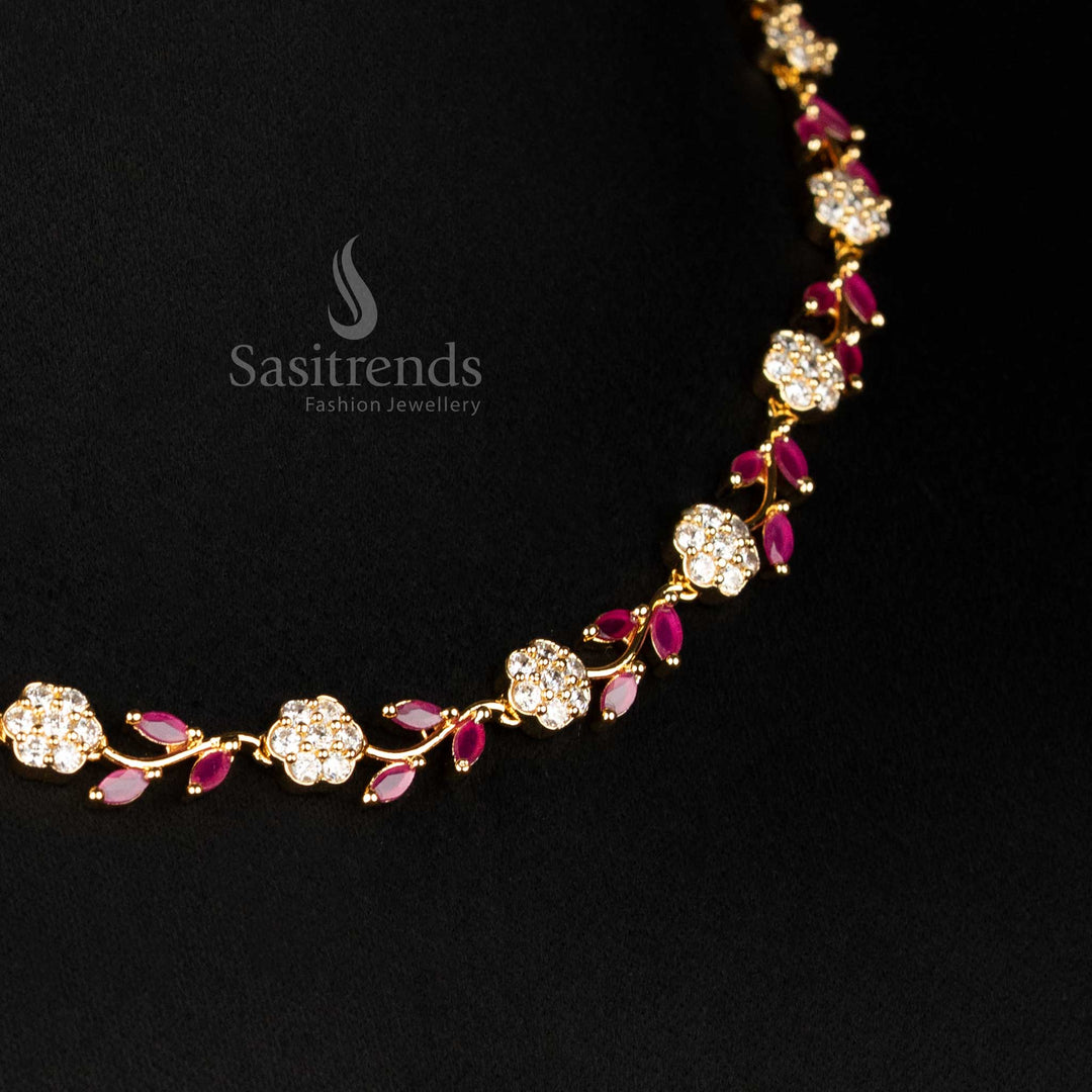 Bridal Look American Diamond Micro Gold Plated Necklace Set With White And Ruby Stone Floral Leaf Motif For Festive Wear - Sasitrends
