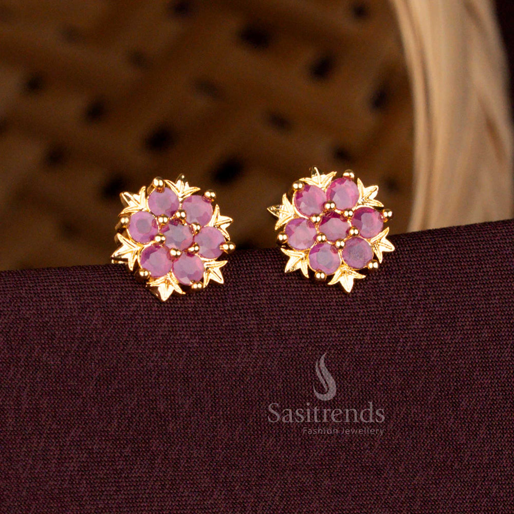 Traditional Ruby AD Stone Floral Cluster Stud Earrings Micro Gold Plated With 24K Carat Pure Gold Finish – Sasitrends
