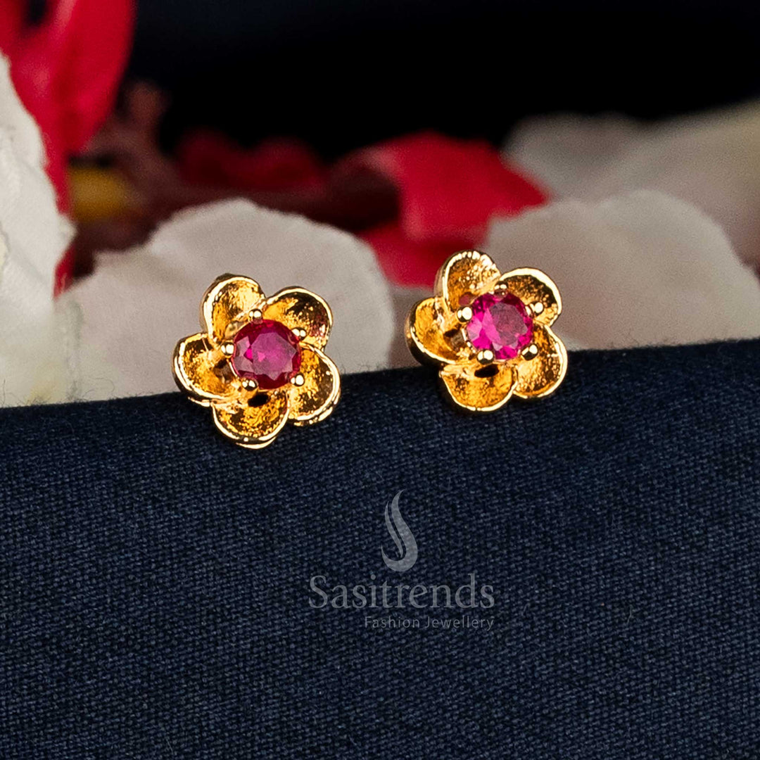 Majestic ruby guaranteed Impon Addigai micro gold plated AD stone floral solitaire stud earrings radiating luxury for cultural and bridal occasions – Sasitrends