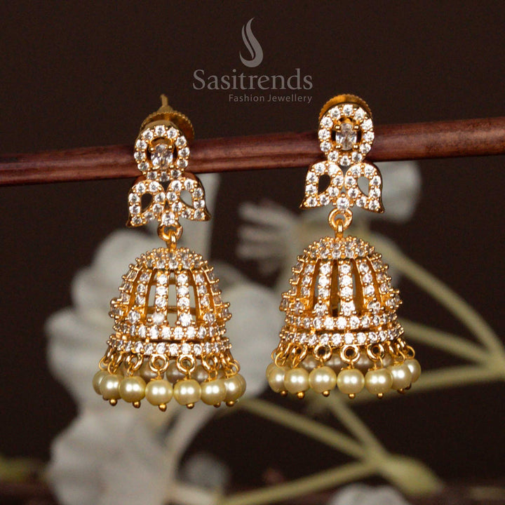 Grand American Diamond Micro Gold Plated Jhumka Earrings - Exquisite Designed Structure with Pearls - Sasitrends