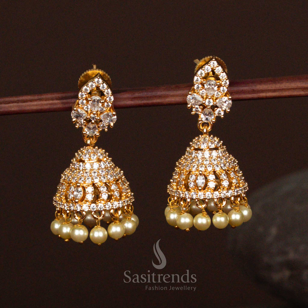 Stunning Full White American Diamond Micro Gold Plated Jhumka Earrings With Pearls And Floral Crafted Design Jewellery For Bridal Wear - Sasitrends