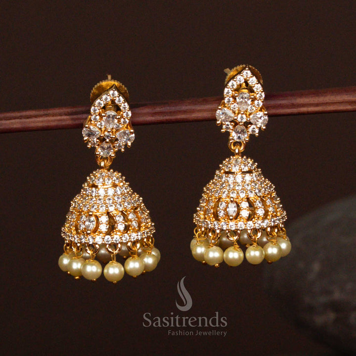 Stunning Full White American Diamond Micro Gold Plated Jhumka Earrings With Pearls And Floral Crafted Design Jewellery For Bridal Wear - Sasitrends