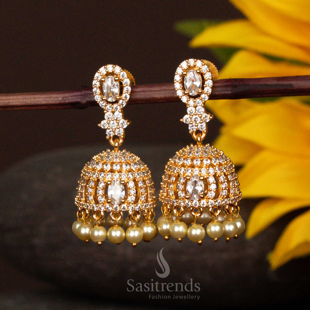 Elegant Full White Micro Gold Plated Jhumka Earrings With Multi Gem Pearl Dropping And Intricate Floral Design Bridal Jewellery - Sasitrends