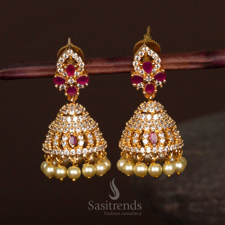 Elegant White Ruby American Diamond Micro Gold Plated Jhumka Earrings With Pearls And Cluster Floral Design Traditional Jewellery - Sasitrends