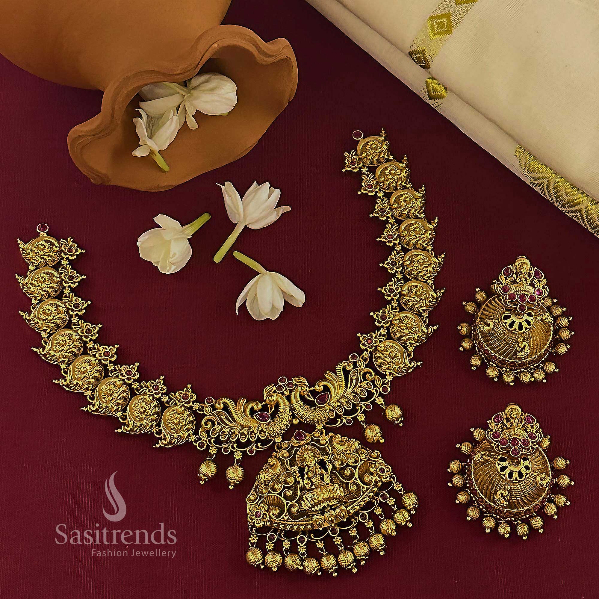 Elegant Bridal Matte Gold Lakshmi Peacock Necklace Set with