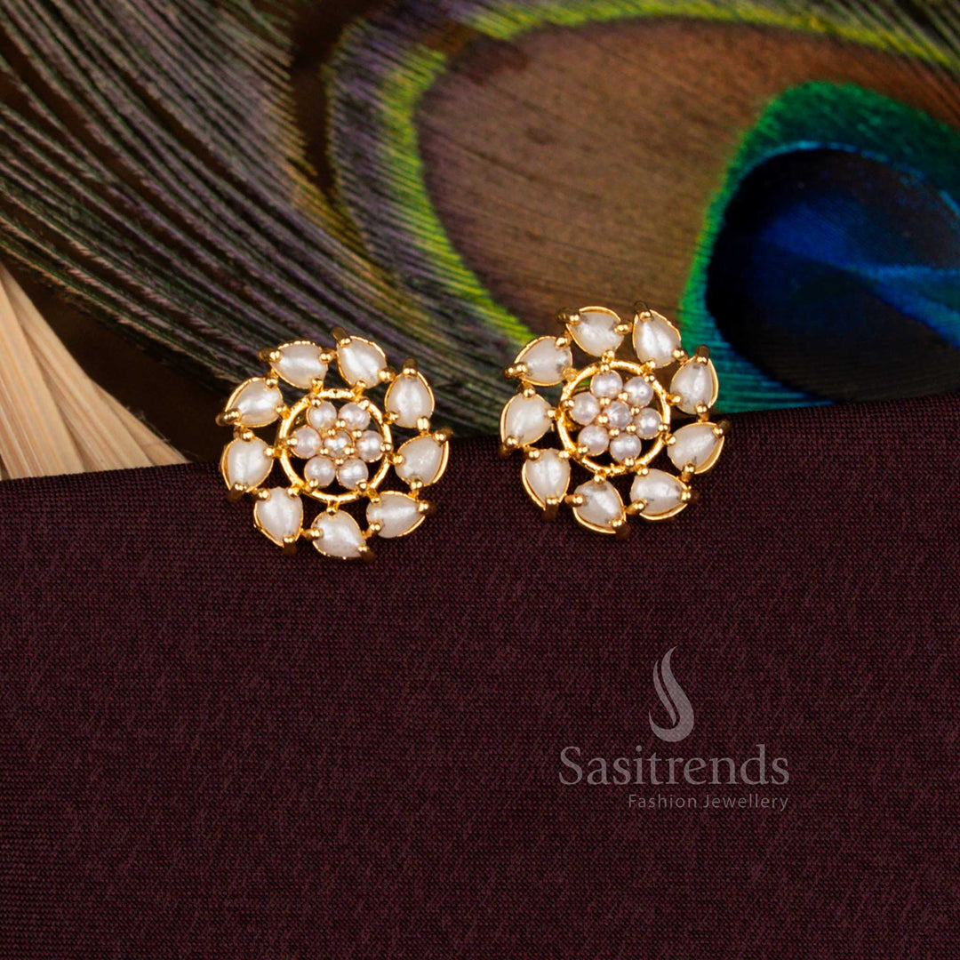 Royal Traditional Micro Gold Plated Pearl Floral Screw Type Stud Earrings For Wedding And Festival Wear - Sasitrends