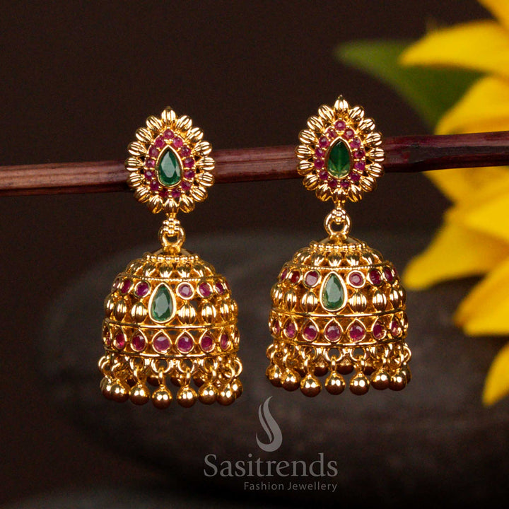 Heritage Grand Micro Gold Plated Ruby-Green Jhumka Earrings Floral Motif With Hanging Bead Accents Suitable For Cultural Events And Celebrations - Sasitrends