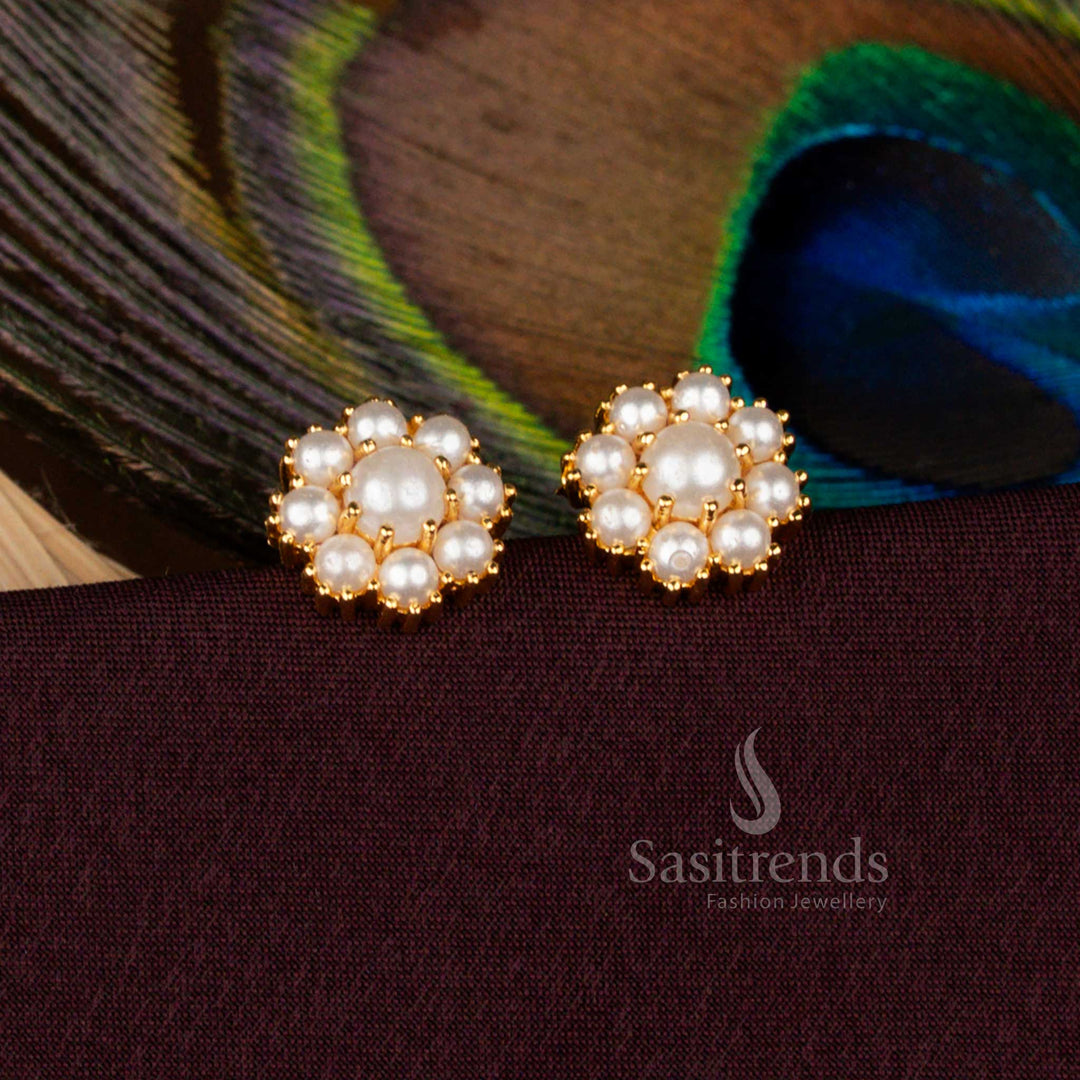 Elegant Designer One Gram Gold Plated Pearl Floral Traditional Stud Earrings Created For Ceremonies And Special Functions - Sasitrends