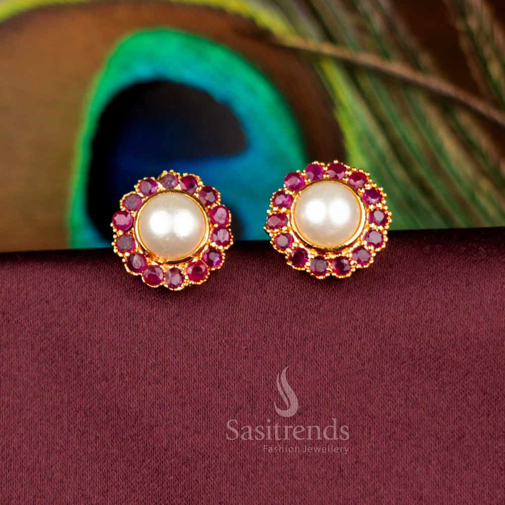 Stylish One Gram Micro Gold Finish Ruby-Pearl Floral Stud Earrings Designed For Bridal Ceremonies And Festivals - Sasitrends