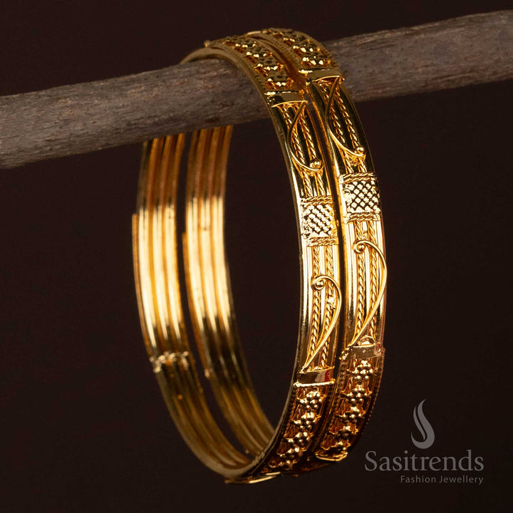 Micro Gold Plated Designer Bangles With Ornamental Arch Central Motif And Raised Embossed Traditional Pattern – Premium Finish Jewellery That Looks Like Real Gold – Sasitrends