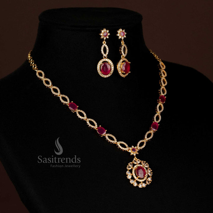 Stylish American Diamond Micro Gold Plated Necklace Jewellery Set - Real Diamond Look