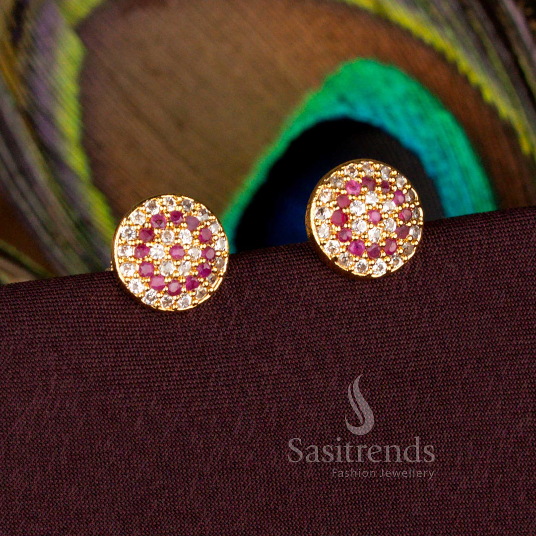 White Ruby AD Stone Round Cluster Stud Earrings Screw Type Traditional Micro Gold Plated 24K Carat Pure Gold Finish – Sasitrends