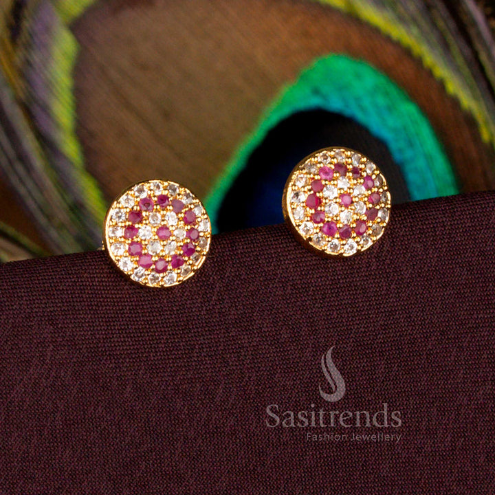 White Ruby AD Stone Round Cluster Stud Earrings Screw Type Traditional Micro Gold Plated 24K Carat Pure Gold Finish – Sasitrends