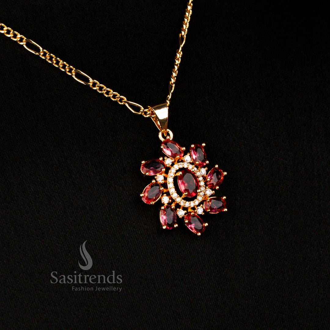 Exquisite micro gold plated American diamond oval stone pendant chain necklace in redwith earrings for grand bridal ceremonies - Sasitrends