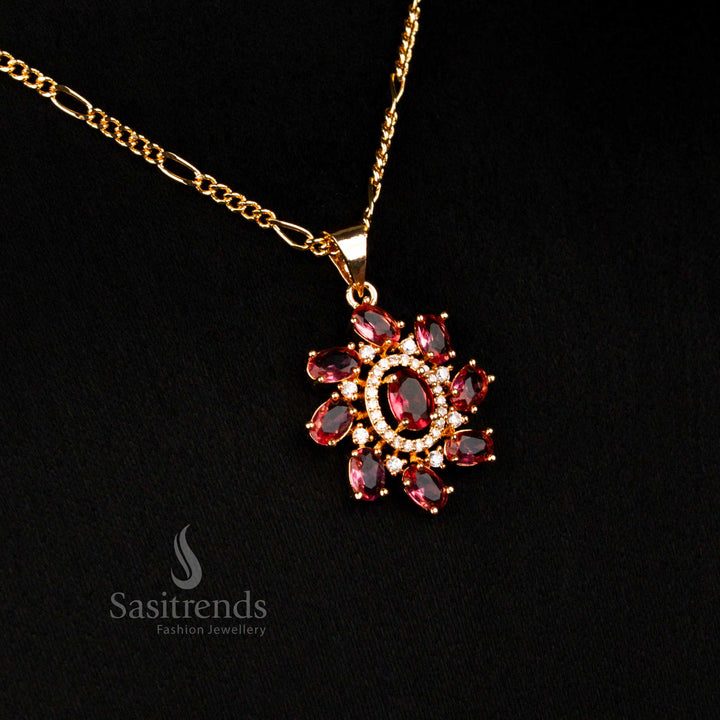 Exquisite micro gold plated American diamond oval stone pendant chain necklace in redwith earrings for grand bridal ceremonies - Sasitrends