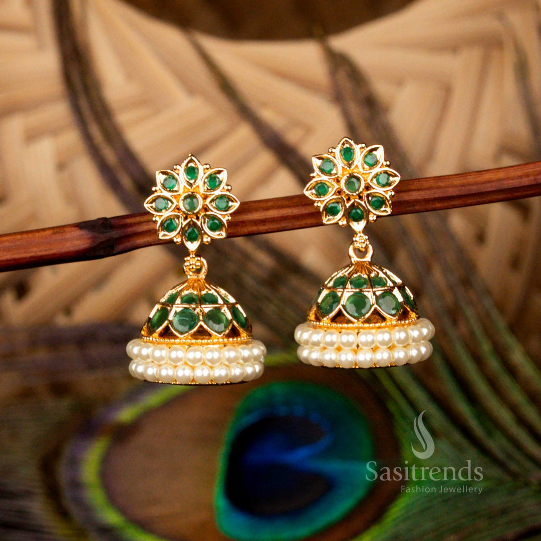 Opulent micro gold plated guaranteed ad stone floral dome pearl earrings in green for grand cultural ceremonies - Sasitrends