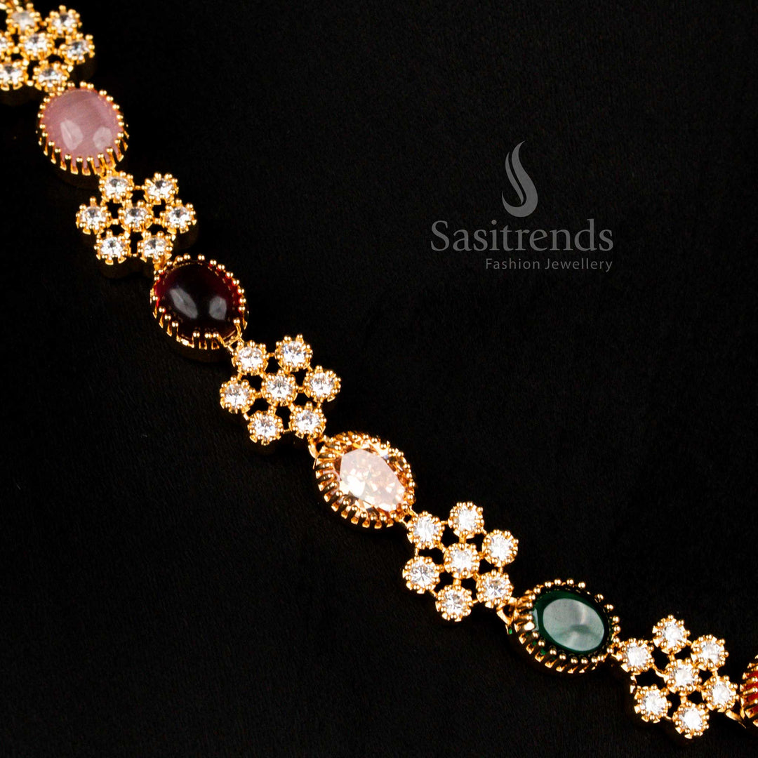 Divine micro gold plated guaranteed American diamond navaratna necklace jewellery set with earrings made for cultural occasions - Sasitrends