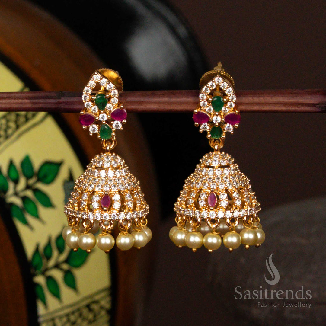 Vibrant Multi Colour American Diamond Micro Gold Plated Jhumka Earrings With Pearls And Rich Traditional Mango Motif Jewellery - Sasitrends