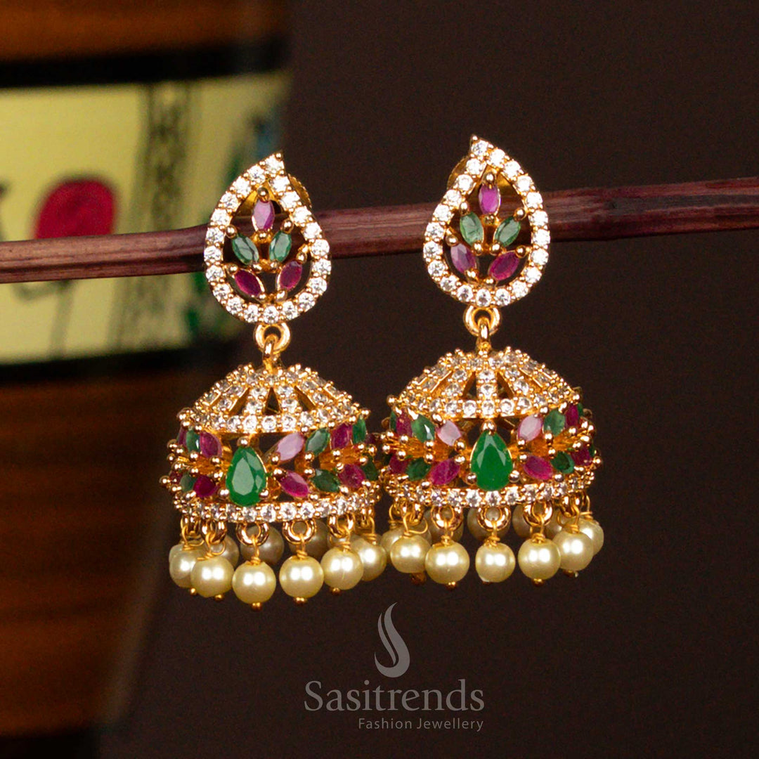 Vibrant Multi Colour Micro Gold Plated Jhumka Earrings With Pearls And Textured Leaf Motif For Festive Jewellery - Sasitrends