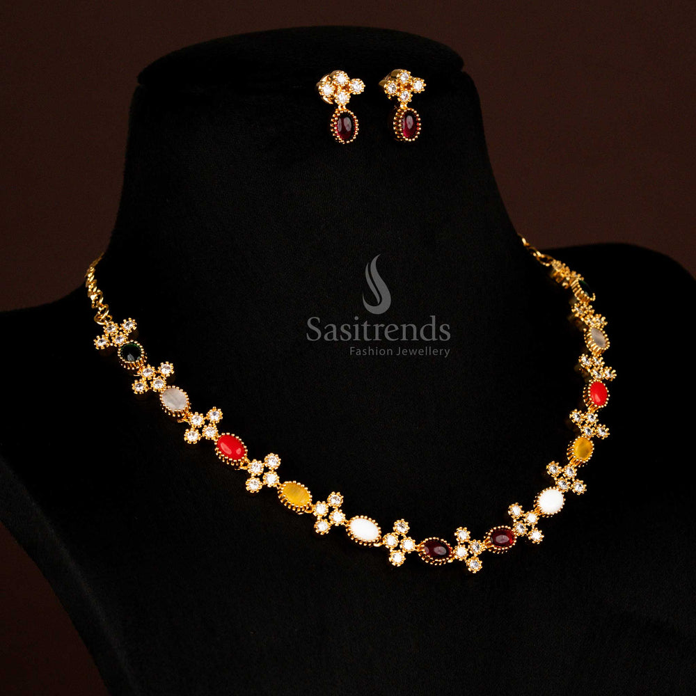 Grand Micro Gold Plated Guaranteed American Diamond Navaratna Necklace Jewellery Set For Festive Wear - Sasitrends