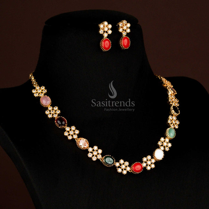 Grand Micro Gold Plated Guaranteed American Diamond Navaratna Necklace Jewellery Set For Festive Wear - Sasitrends