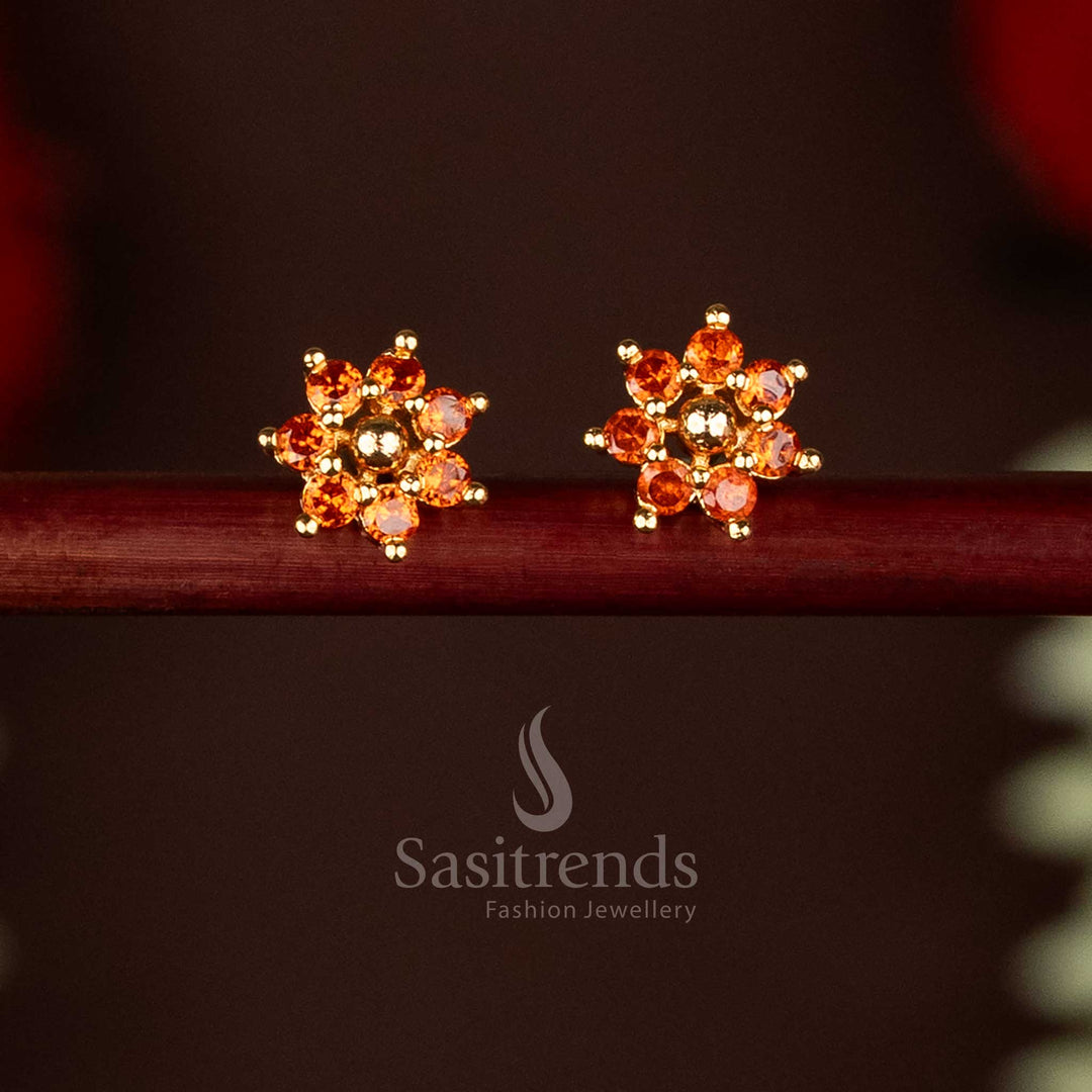 Guaranteed Impon Addigai 24K Micro Gold Plated AD Stone Flower Pattern Golden Bead Stud Earrings - Sasitrends
