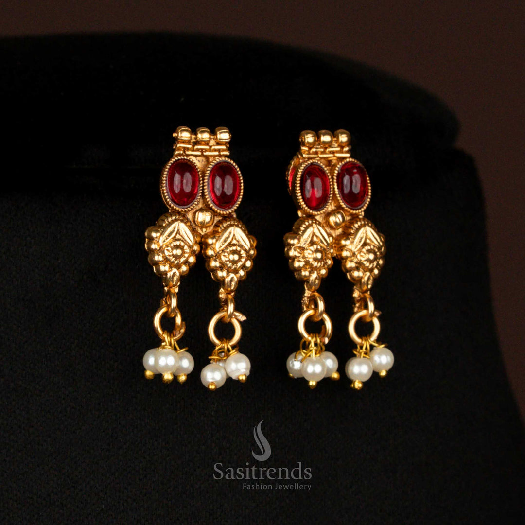 Classic Matte Gold Plated Temple Jewellery Necklace Set with Floral Drop Motifs and Bead Hangings – Sasitrends