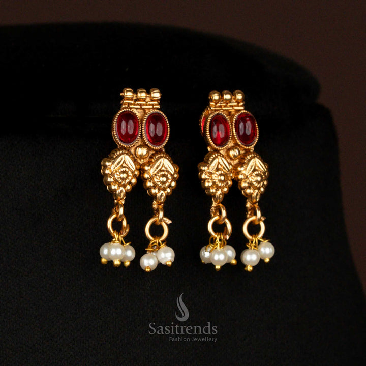 Classic Matte Gold Plated Temple Jewellery Necklace Set with Floral Drop Motifs and Bead Hangings – Sasitrends