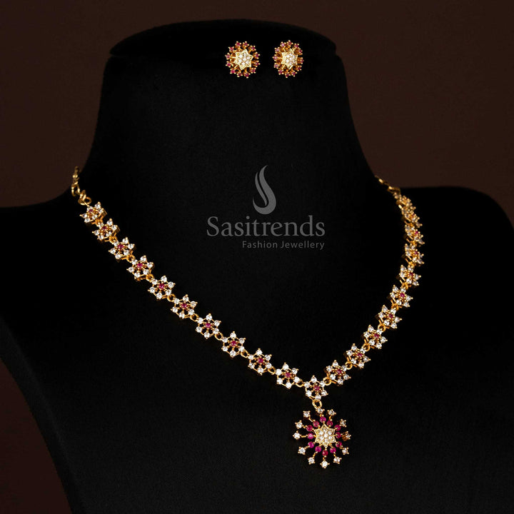 Elegant American Diamond Micro Gold Plated White Ruby Star Floral Necklace Jewellery Set With Kemp Stones And Glossy Gold Like Finish Perfect For Saree Wear - Sasitrends