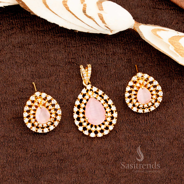 Stylish micro gold plated pendant set featuring a delicately crafted pink AD stone teardrop design, an ideal accessory for festivals, sarees, and elegant ethnic wear - Sasitrends