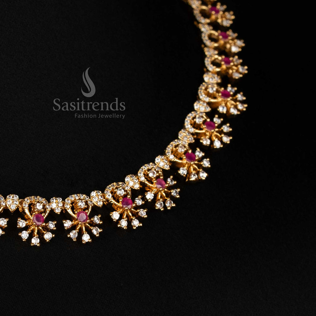 Grand Ruby Micro Gold Plated Wave And Floral Pattern Necklace Set With Sparkling American Diamonds Jewellery - Sasitrends