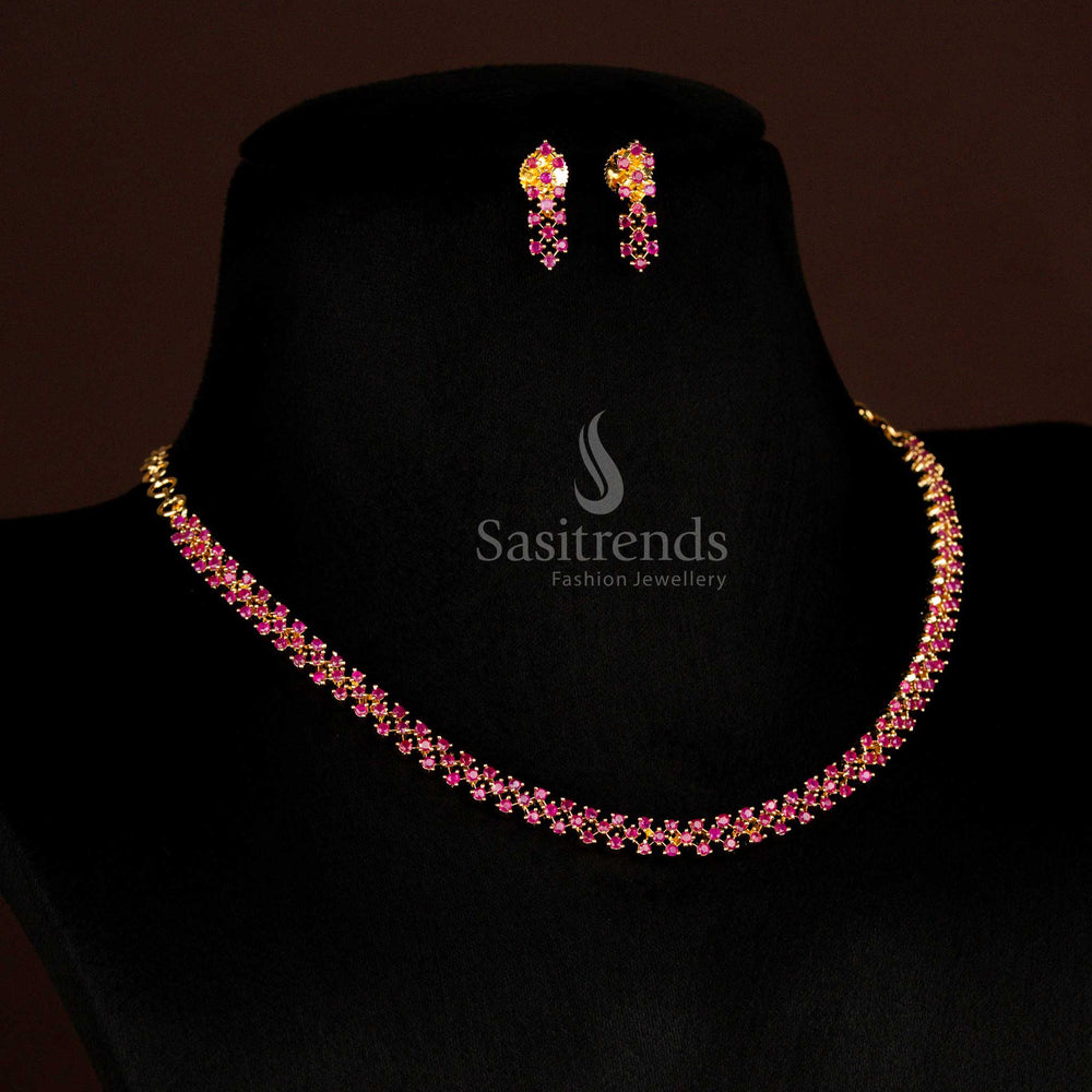 Royal Ruby Gemstone American Diamond Crisscross Necklace Set With Luxurious Micro Gold Polish Crafted For Wedding Ceremonies By Sasitrends