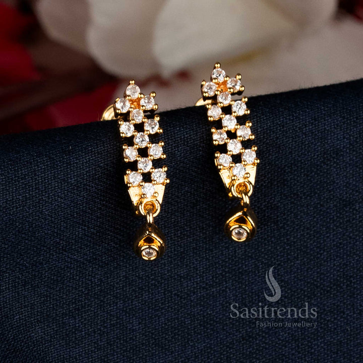 Radiant Micro Gold Plated AD Stone Long Drop Earrings featuring white crystal accents, designed for festive occasions and traditional celebrations — Sasitrends