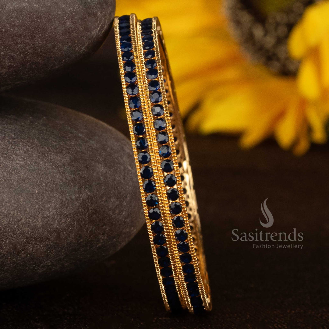 Royal blue CZ stone embedded guaranteed micro gold plated bangles – American Diamond grandeur for traditional jewellery lovers with a regal finish – Sasitrends