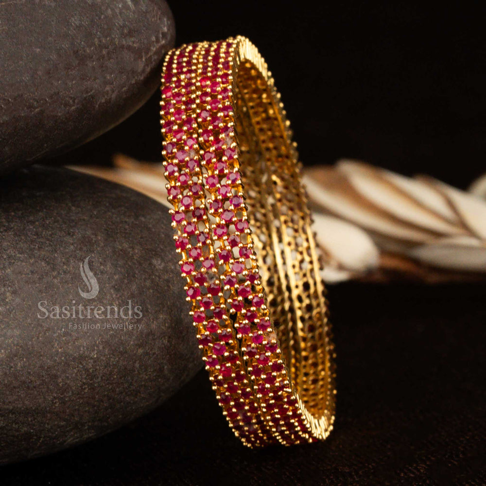 Ruby red stunning American Diamond stone bangles with micro gold lustre and regal ethnic finish – a jewellery masterpiece of trendy elegance and timeless beauty by sasitrends