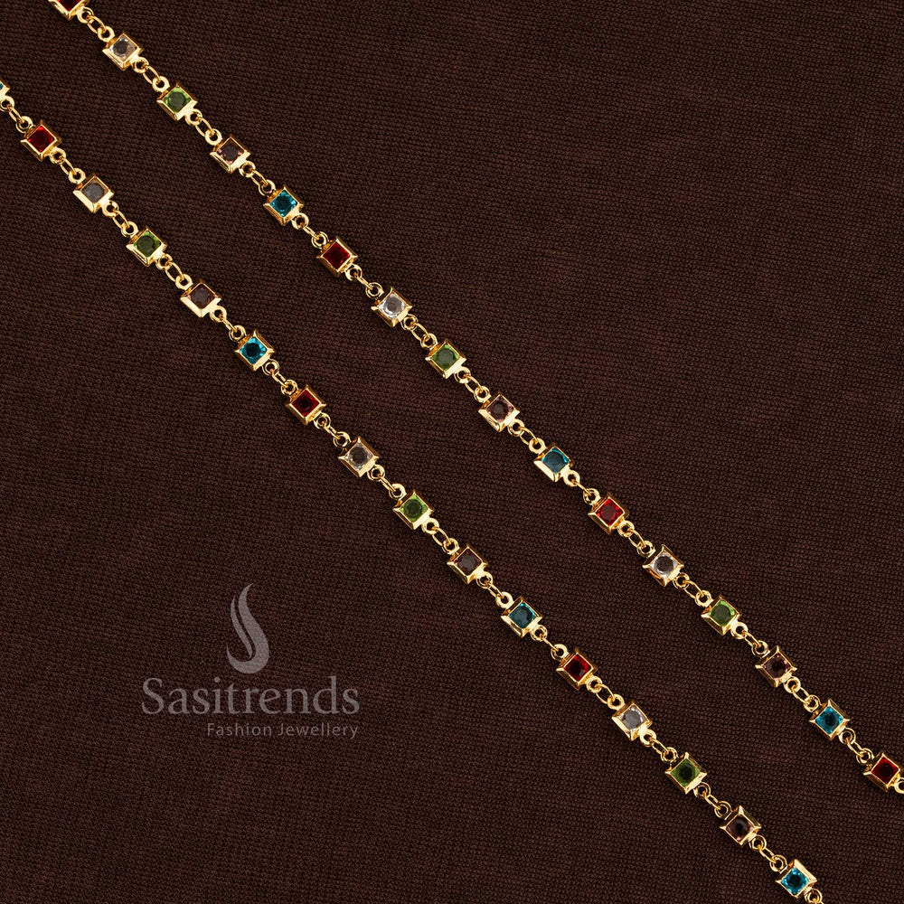 Elegant One Gram Gold Plated Navaratna Anklet Pair With Vibrant Multi-Stone Accents And A Sleek Designer Link Pattern, Offering A Charming Blend Of Colour And Craft – Sasitrends