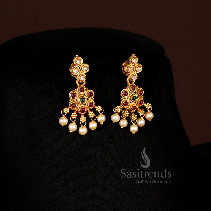 Elegant Temple Matte Gold Plated Circular Stone Floral Pearl Ruby Green Bridal Earrings Set Jewellery – Sasitrends