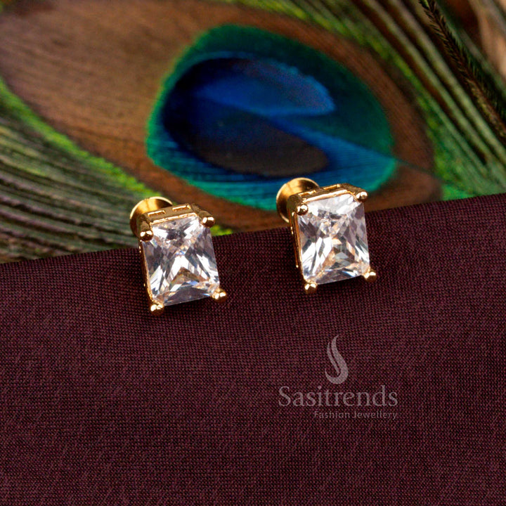 Divine micro gold plated rectangular AD stud earrings in white stone glow with 24 carat pure gold look styled for bridal receptions, traditional functions, and cultural wear - Sasitrends