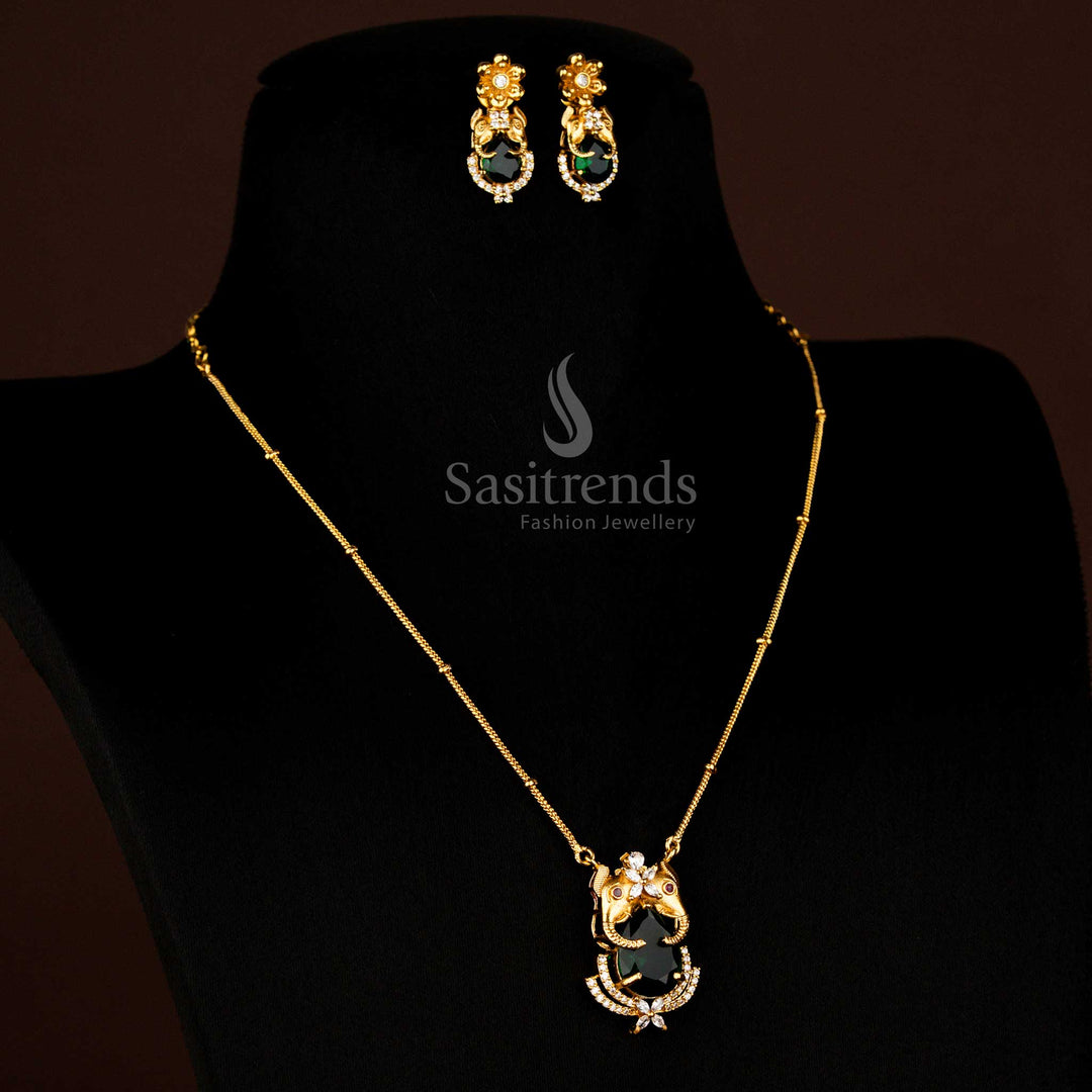 Grand Temple Matte Gold Plated Elephant Pendant Chain With Earrings Green Stone Ceremonial Jewellery Crafted For Special Occasions By Sasitrends