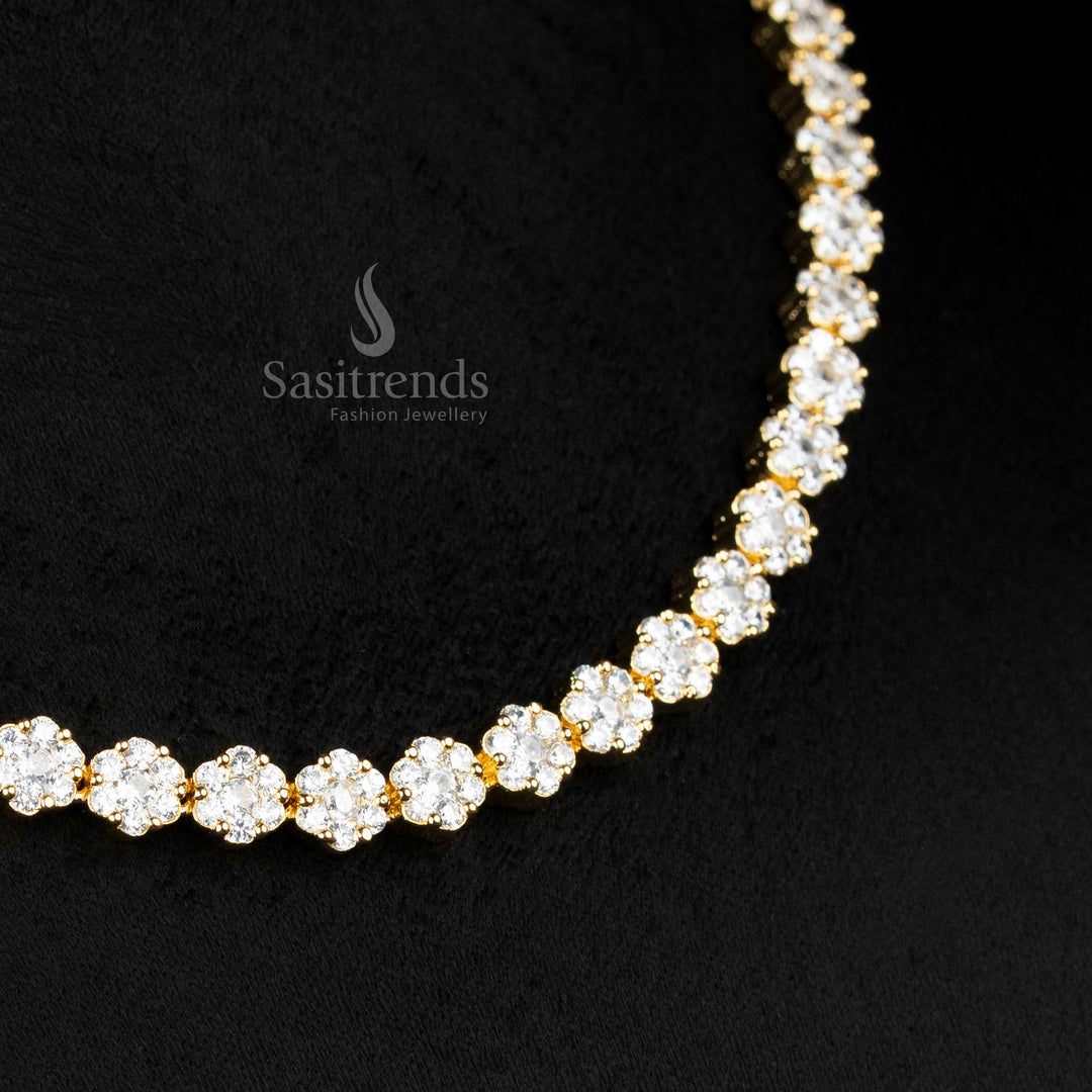 Pearl Glow American Diamond Floral Necklace Set With Micro Gold Plating, Elegant Designer Jewellery Designed To Reflect Timeless Bridal Beauty – Sasitrends