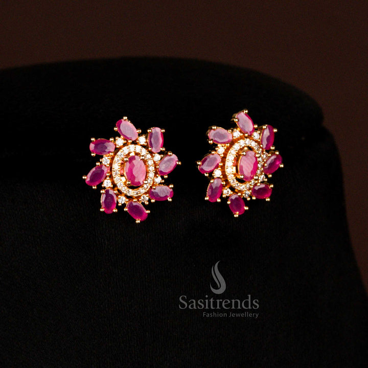 Pristine micro gold plated American diamond oval stone earrings in white ruby for wedding and bridal ceremonies - Sasitrends