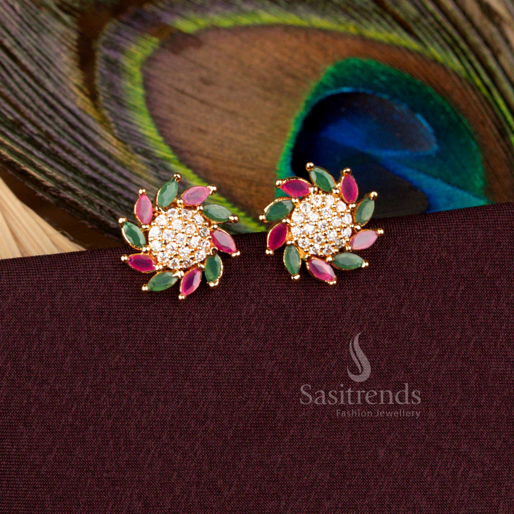 Exquisite multi color floral AD stud earrings highlighted with micro gold plating in a 24 carat pure gold look, perfect for festive parties, cultural functions, and wedding jewellery - Sasitrends